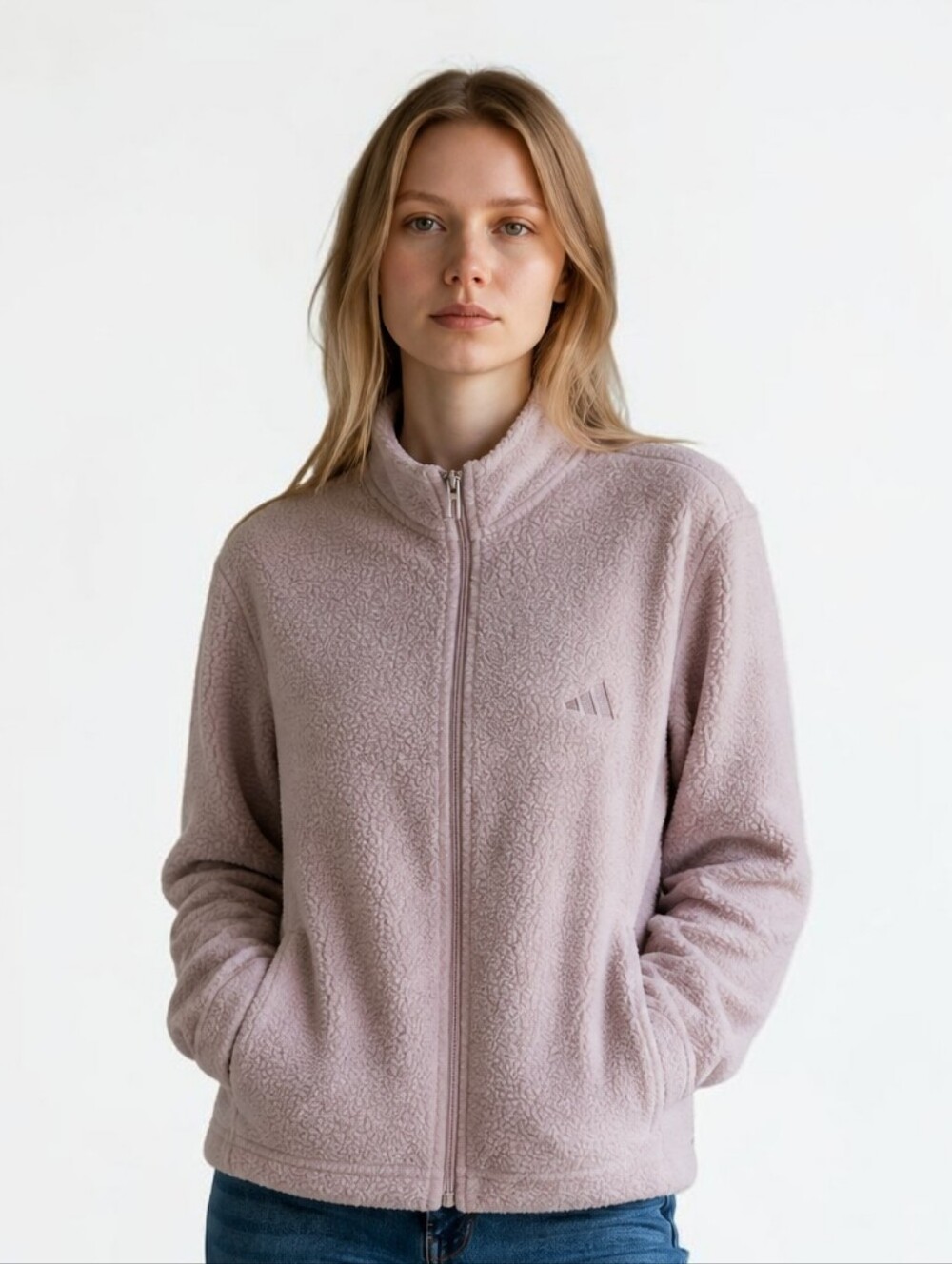 Adidas Neutral Beige Dusty Rose Sherpa Full Zip Jacket Deep Pockets women's XL